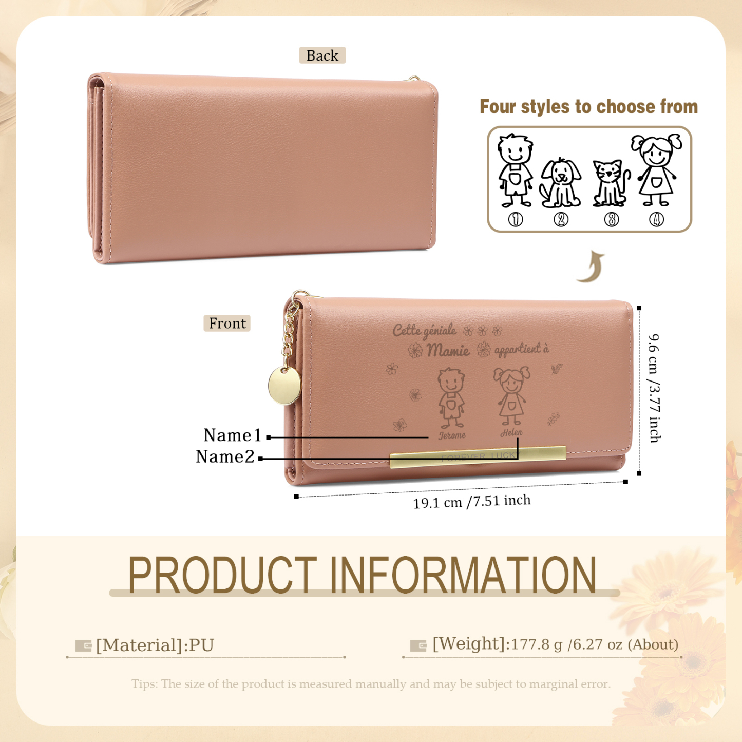 À Mamie - Portefeuille Femme Personnalisé long en Cuir PU avec 2 Dessins et 2 Prénoms Porte-monnaie pour Mamie | Jessemade