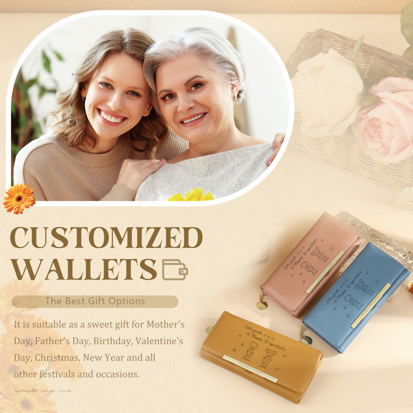 À Mamie - Portefeuille Femme Personnalisé long en Cuir PU avec 2 Dessins et 2 Prénoms Porte-monnaie pour Mamie | Jessemade