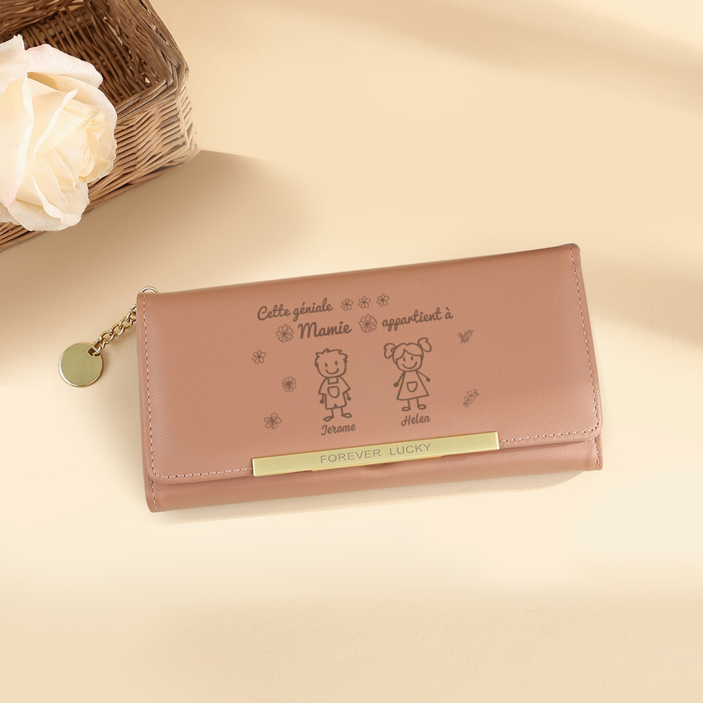 À Mamie - Portefeuille Femme Personnalisé long en Cuir PU avec 2 Dessins et 2 Prénoms Porte-monnaie pour Mamie | Jessemade