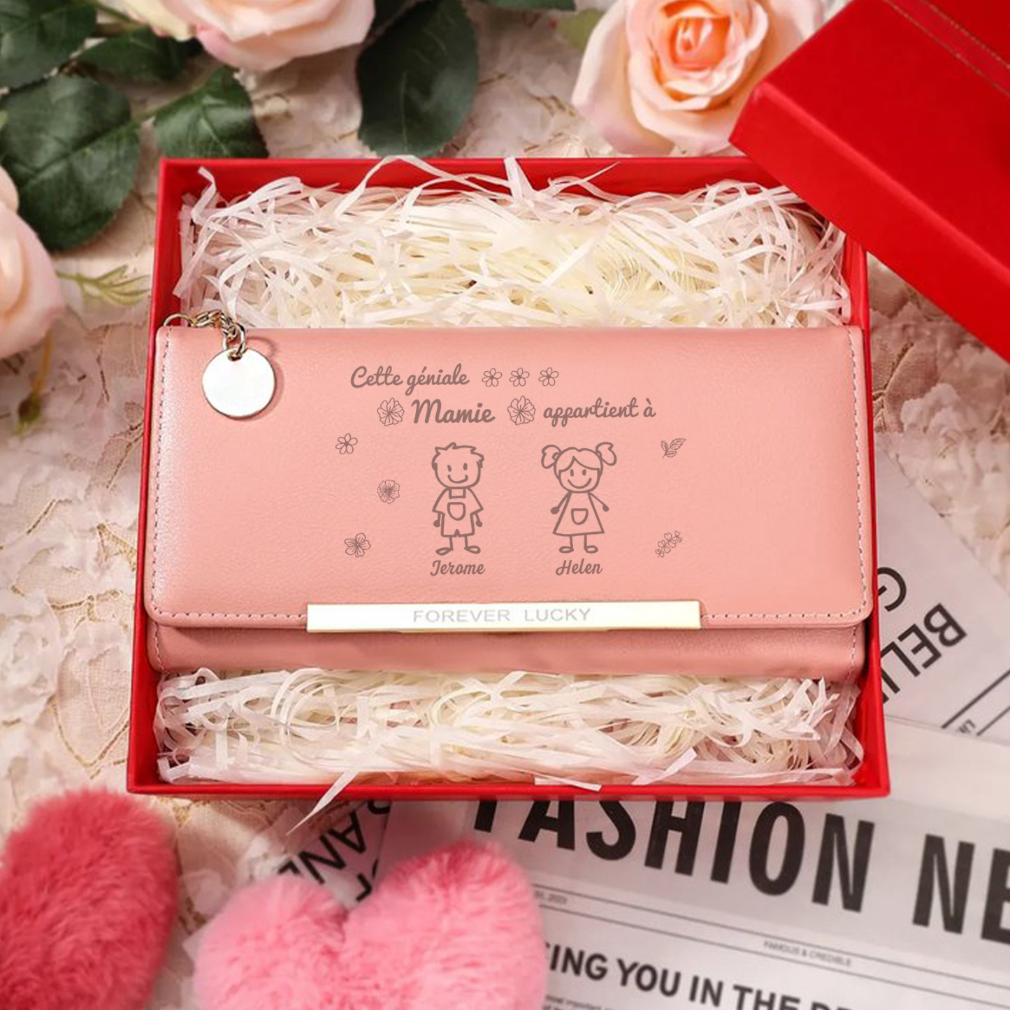 À Mamie - Portefeuille Femme Personnalisé long en Cuir PU avec 2 Dessins et 2 Prénoms Porte-monnaie pour Mamie | Jessemade