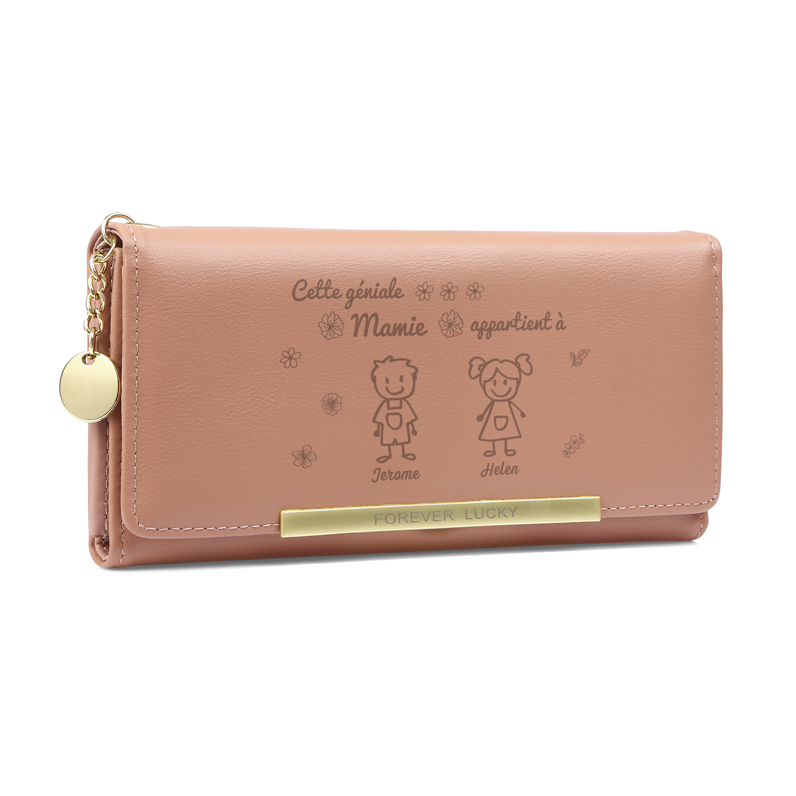 À Mamie - Portefeuille Femme Personnalisé long en Cuir PU avec 2 Dessins et 2 Prénoms Porte-monnaie pour Mamie | Jessemade