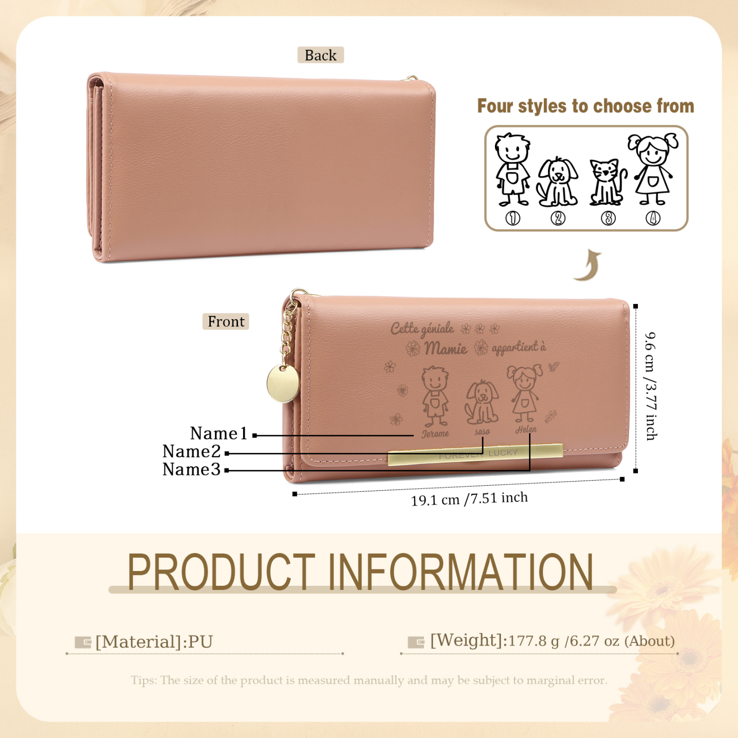 À Maman 3PCS Portefeuille Long Porte-Clés et Carte 3 Prénoms et Dessins Enfant Personnalisés avec 3 Breloques Enfant | Jessemade