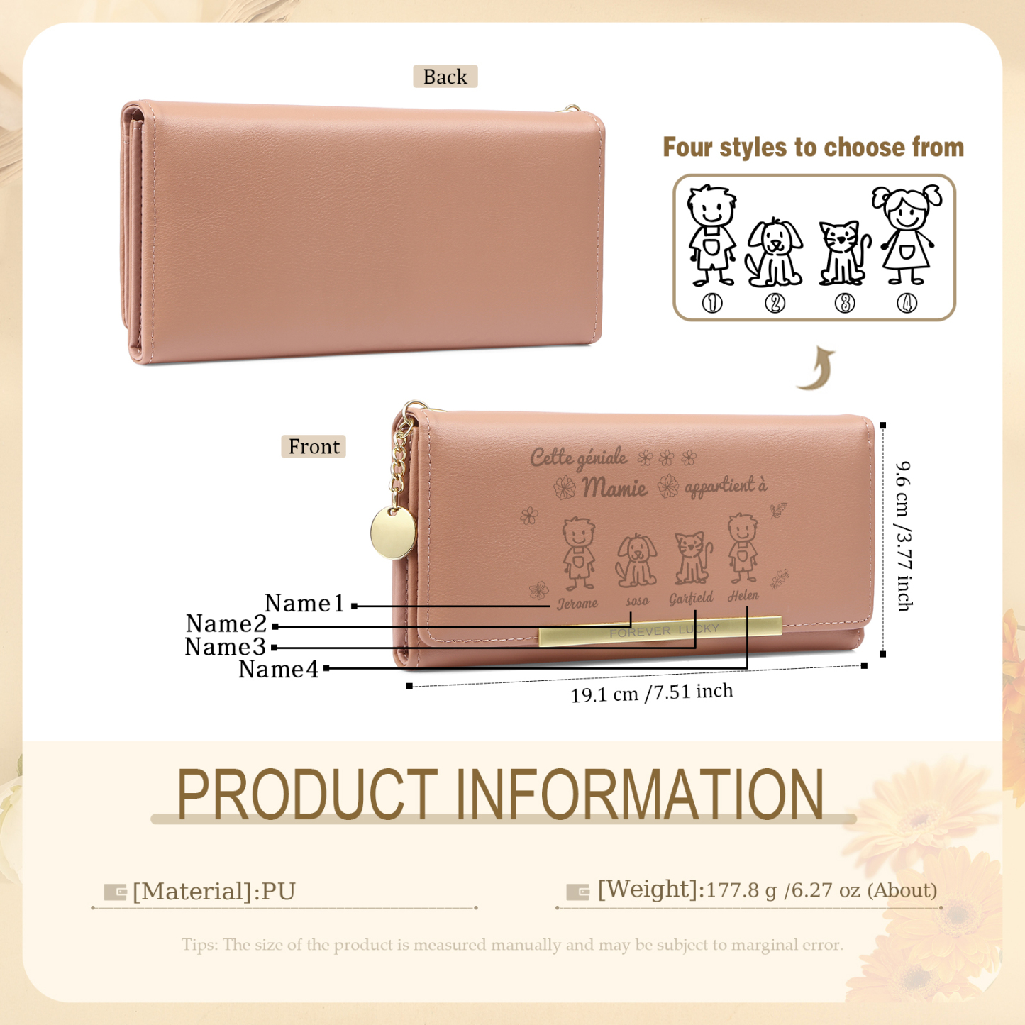À Mamie - Portefeuille Femme Personnalisé Long en Cuir PU avec 4 Dessins et 4 Prénoms Porte-Monnaie pour Mamie | Jessemade