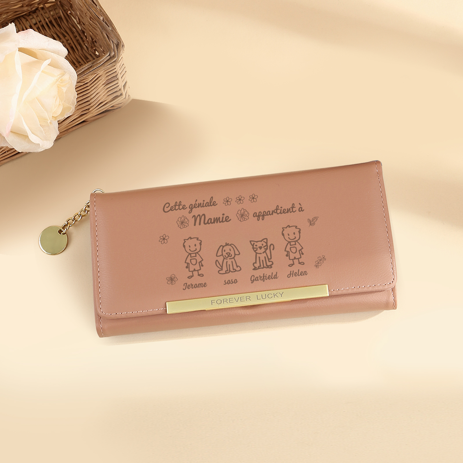 À Mamie - Portefeuille Femme Personnalisé Long en Cuir PU avec 4 Dessins et 4 Prénoms Porte-Monnaie pour Mamie | Jessemade