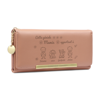 À Mamie - Portefeuille Femme Personnalisé Long en Cuir PU avec 4 Dessins et 4 Prénoms Porte-Monnaie pour Mamie | Jessemade