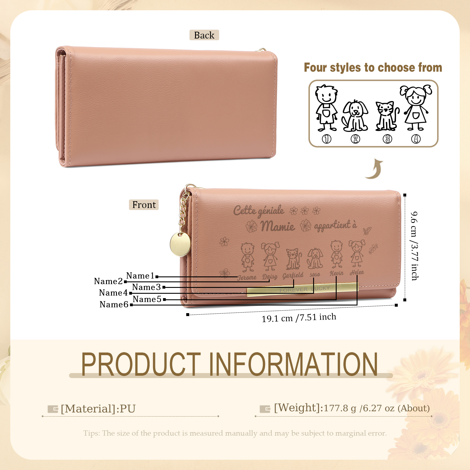 À Mamie - Portefeuille Femme Personnalisé Long en Cuir PU avec 6 Dessins et 6 Prénoms Porte-Monnaie pour Mamie | Jessemade