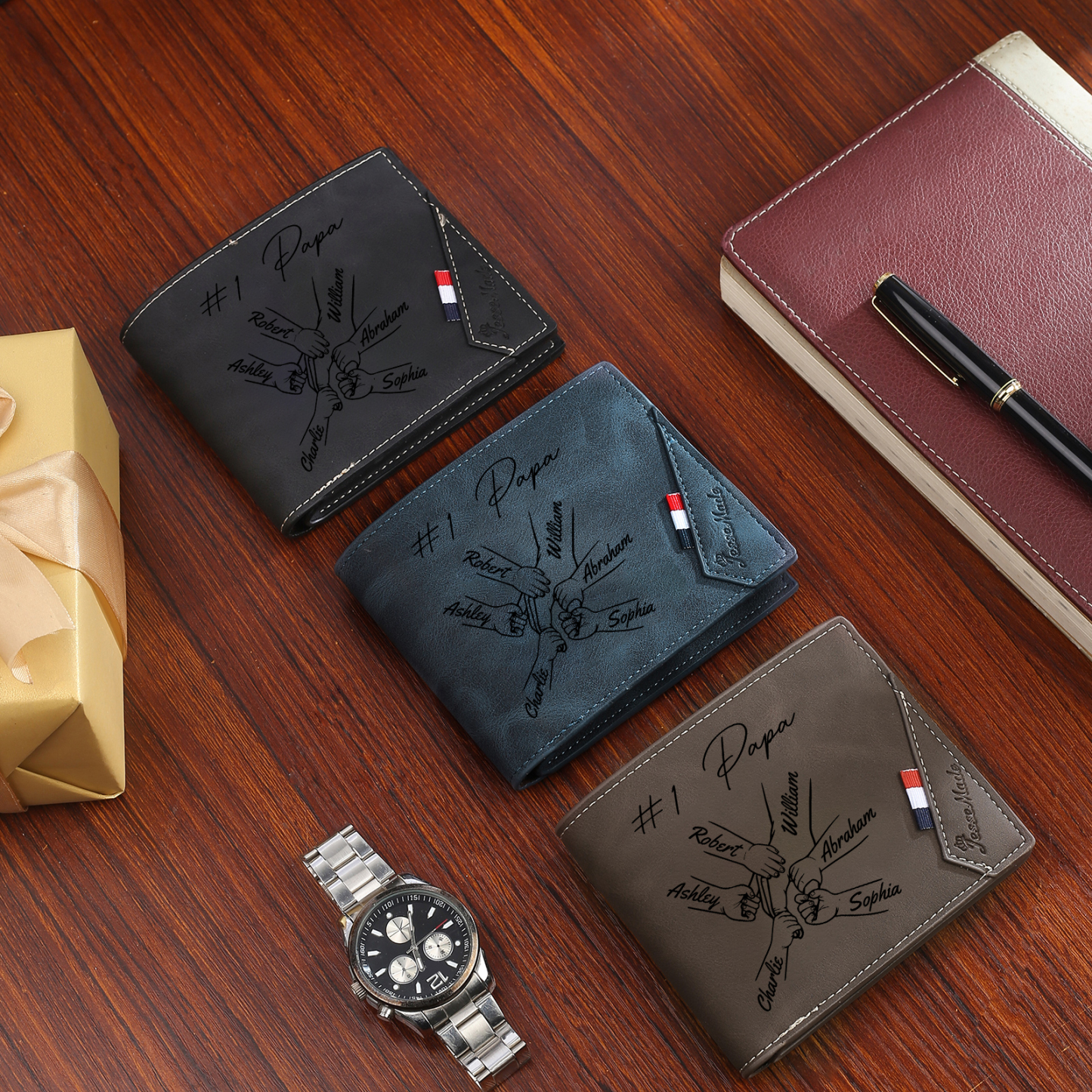 À Papa -Portefeuille Homme en cuir PU Photo Personnalisée avec 6 Prénoms Porte-Monnaie pour Papa | Jessemade