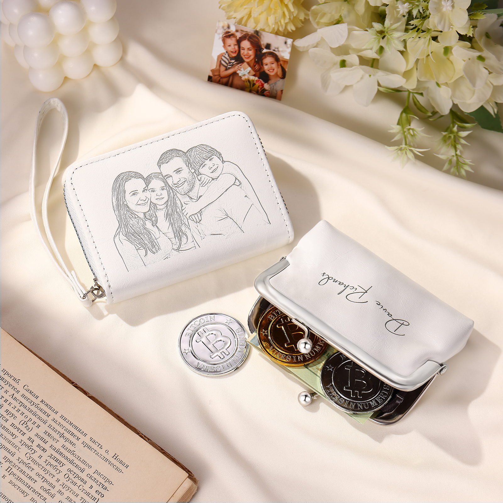 Portefeuille Femme Personnalisé avec  Photo et Nom Porte-monnaie Blanc et Rose | Jessemade