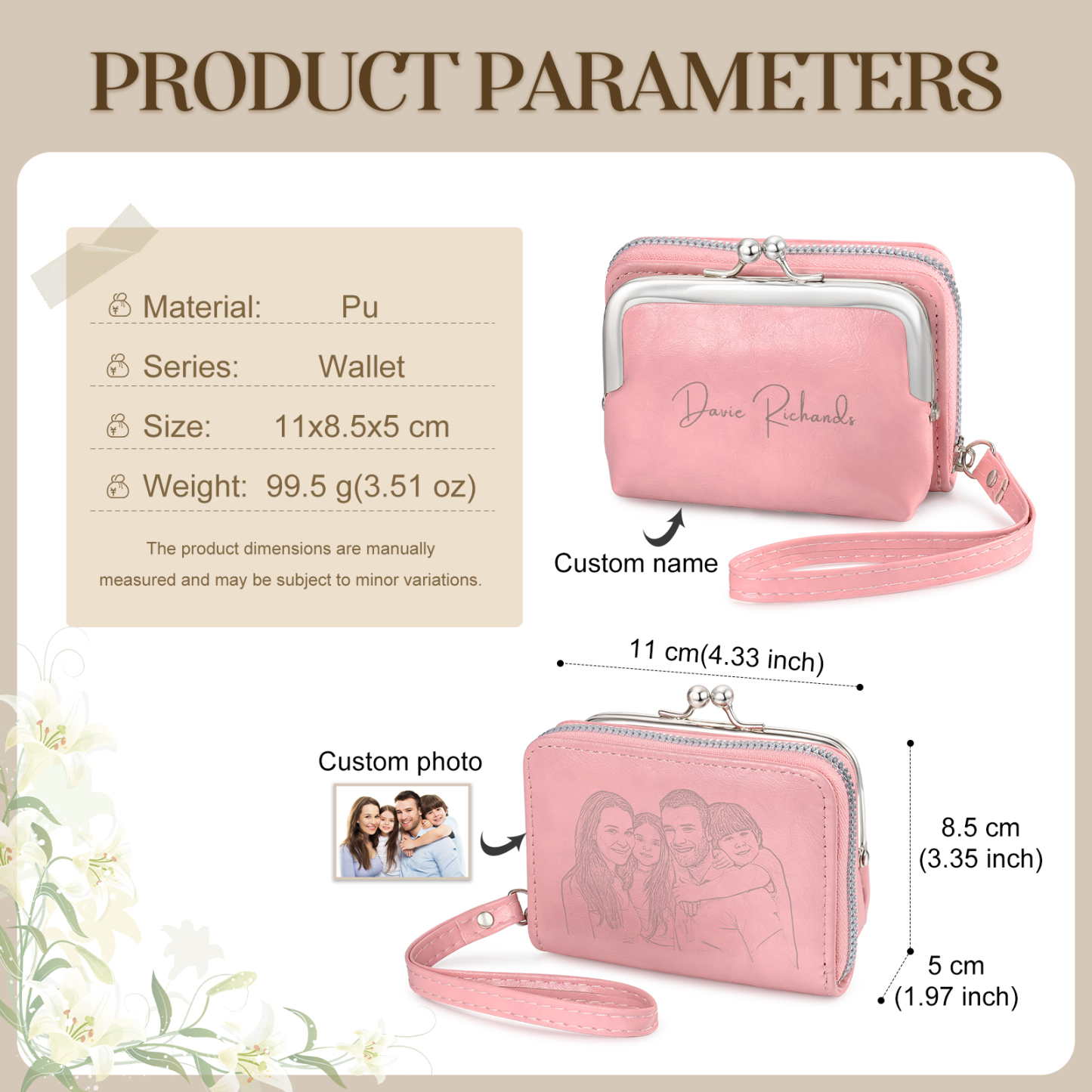 Portefeuille Femme Personnalisé avec Photo et Nom Porte-monnaie Blanc et Rose | Jessemade