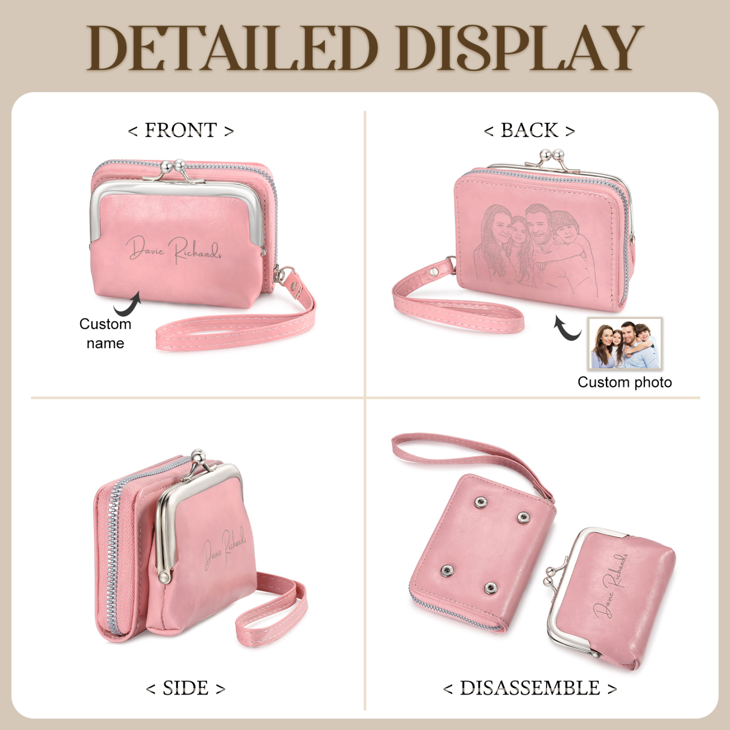 Portefeuille Femme Personnalisé avec Photo et Nom Porte-monnaie Blanc et Rose | Jessemade