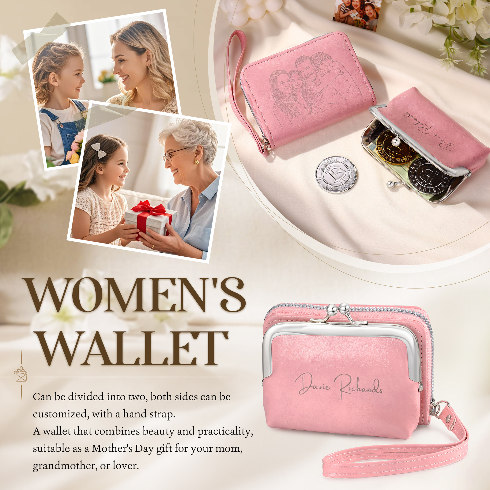 Portefeuille Femme Personnalisé avec  Photo et Nom Porte-monnaie Blanc et Rose | Jessemade