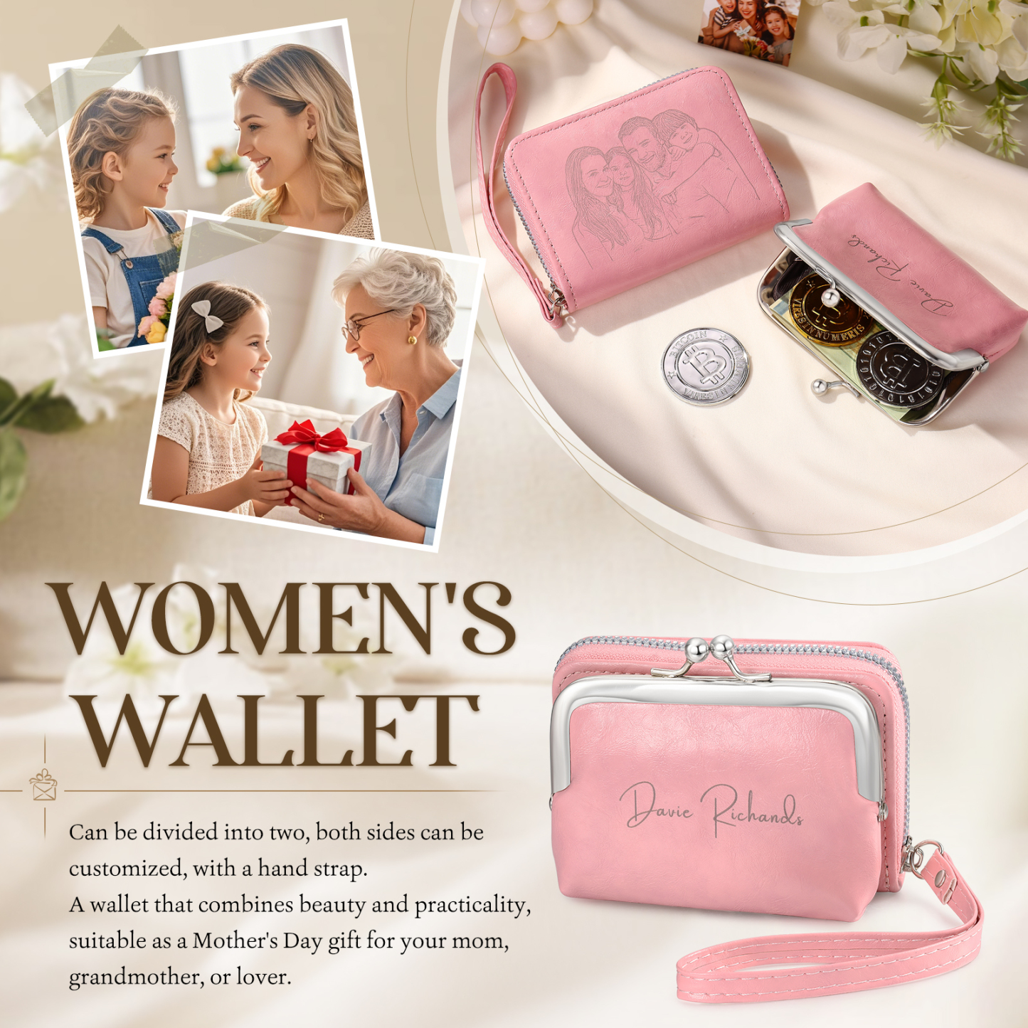 Portefeuille Femme Personnalisé avec Photo et Nom Porte-monnaie Blanc et Rose | Jessemade