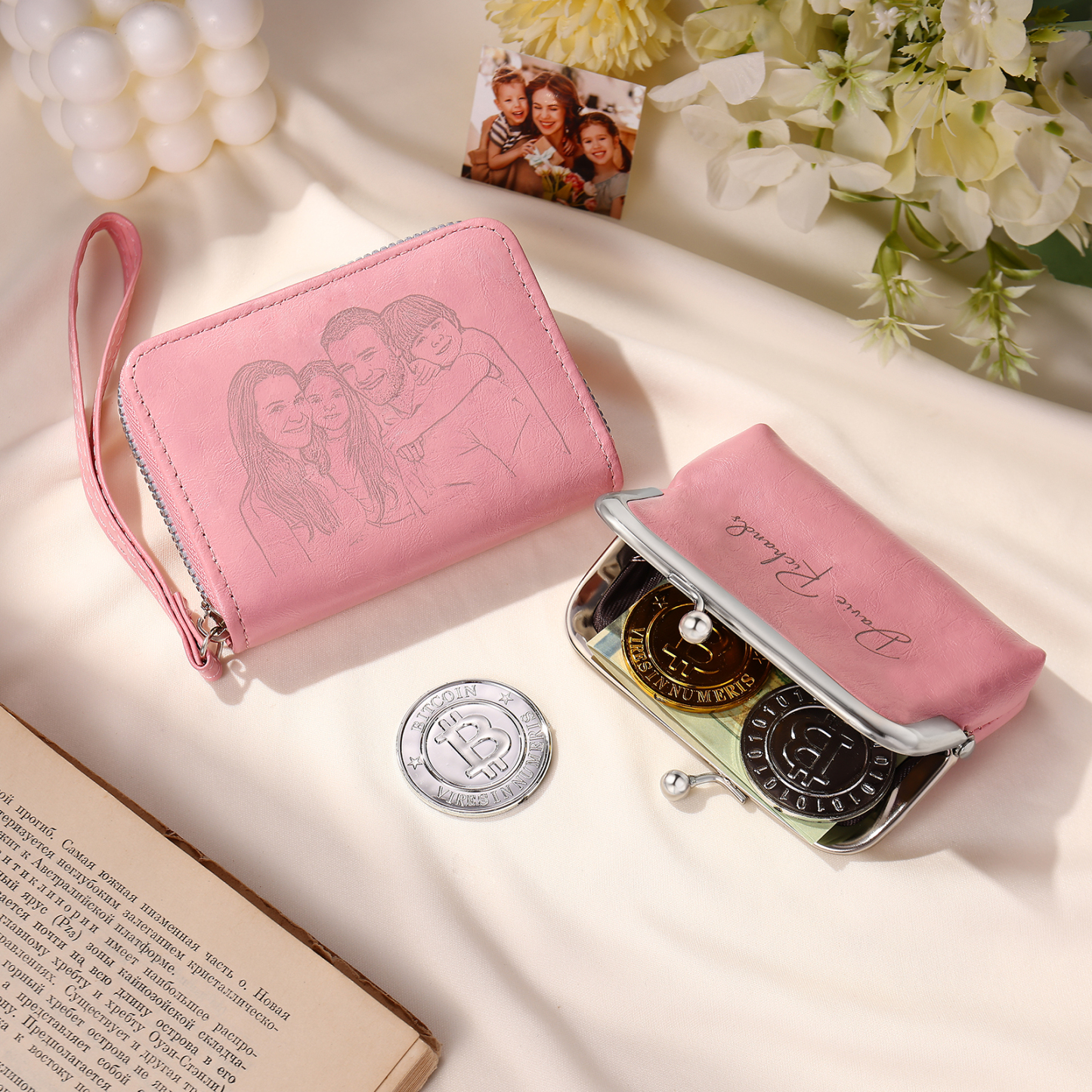 Portefeuille Femme Personnalisé avec Photo et Nom Porte-monnaie Blanc et Rose | Jessemade