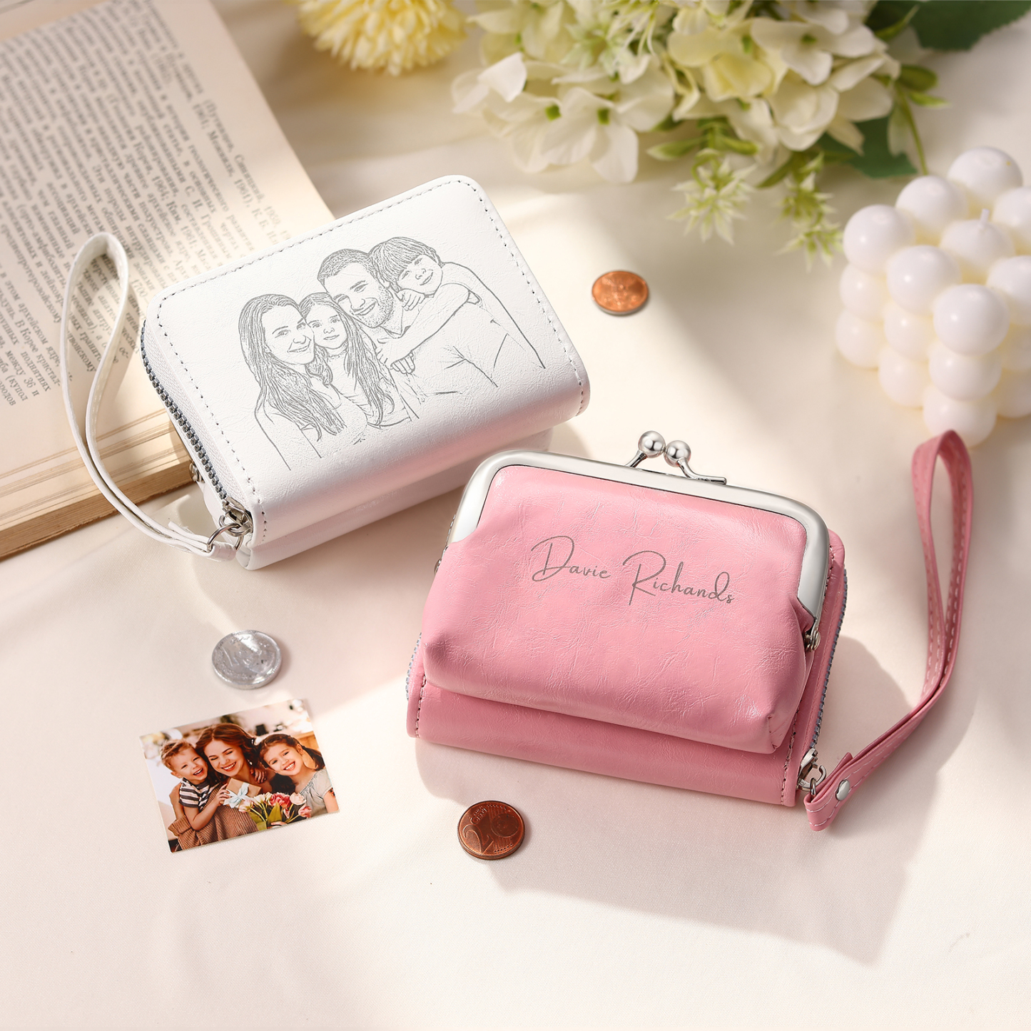 Portefeuille Femme Personnalisé avec Photo et Nom Porte-monnaie Blanc et Rose | Jessemade