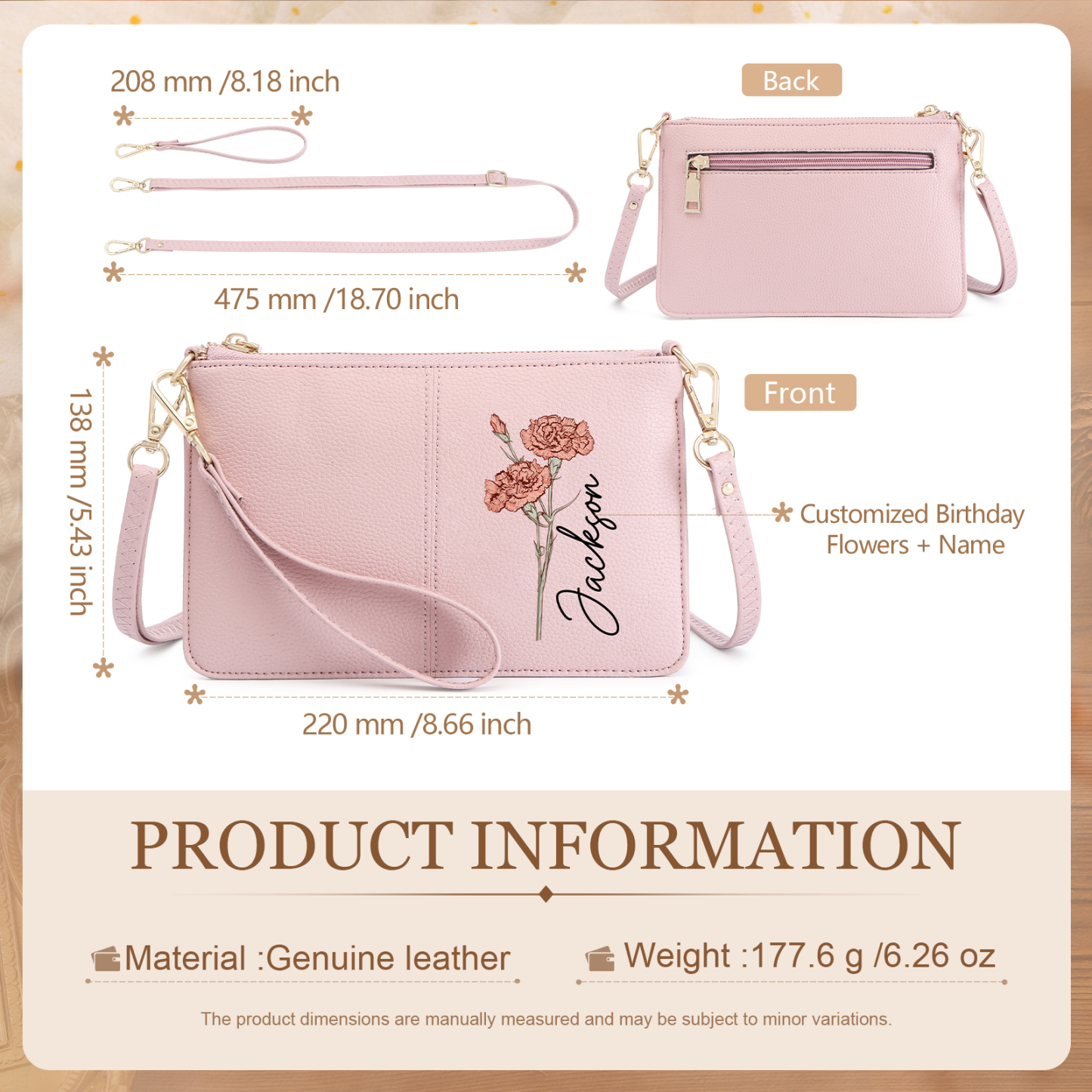 Portefeuille en cuir PU 1 Prénom Personnalisé avec Fleur de Naissance Sac pochette Rose À Porter Main ou Épaule | Jessemade