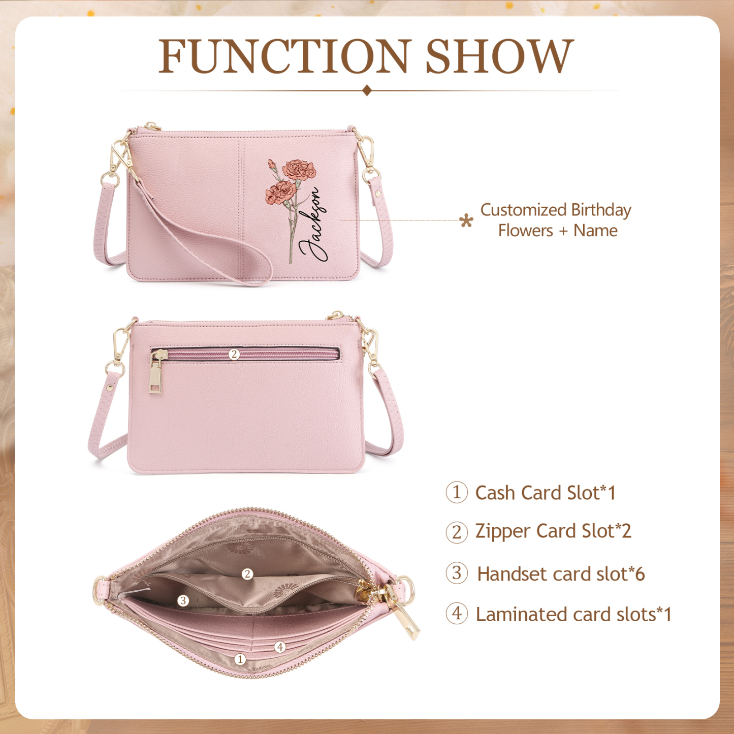 Portefeuille en cuir PU 1 Prénom Personnalisé avec Fleur de Naissance Sac pochette Rose À Porter Main ou Épaule | Jessemade