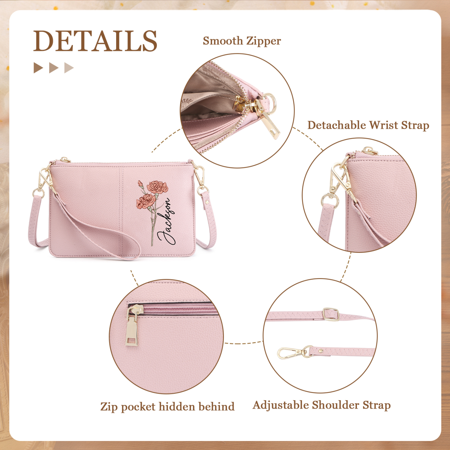 Portefeuille en cuir PU 1 Prénom Personnalisé avec Fleur de Naissance Sac pochette Rose À Porter Main ou Épaule | Jessemade