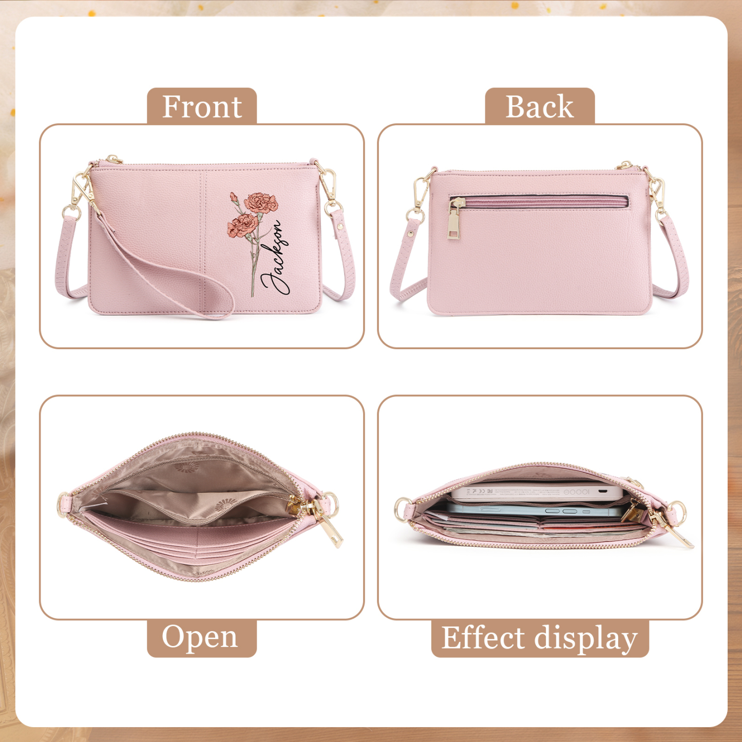 Portefeuille en cuir PU 1 Prénom Personnalisé avec Fleur de Naissance Sac pochette Rose À Porter Main ou Épaule | Jessemade
