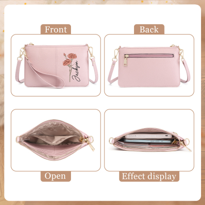 Portefeuille en cuir PU 1 Prénom Personnalisé avec Fleur de Naissance Sac pochette Rose À Porter Main ou Épaule  | Jessemade