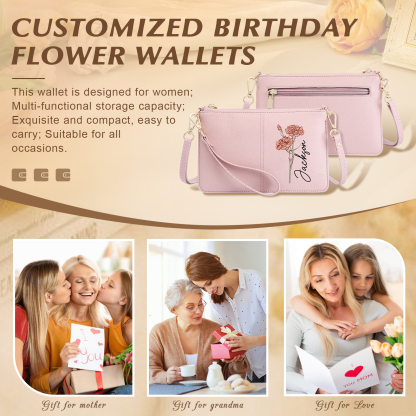 Portefeuille en cuir PU 1 Prénom Personnalisé avec Fleur de Naissance Sac pochette Rose À Porter Main ou Épaule  | Jessemade