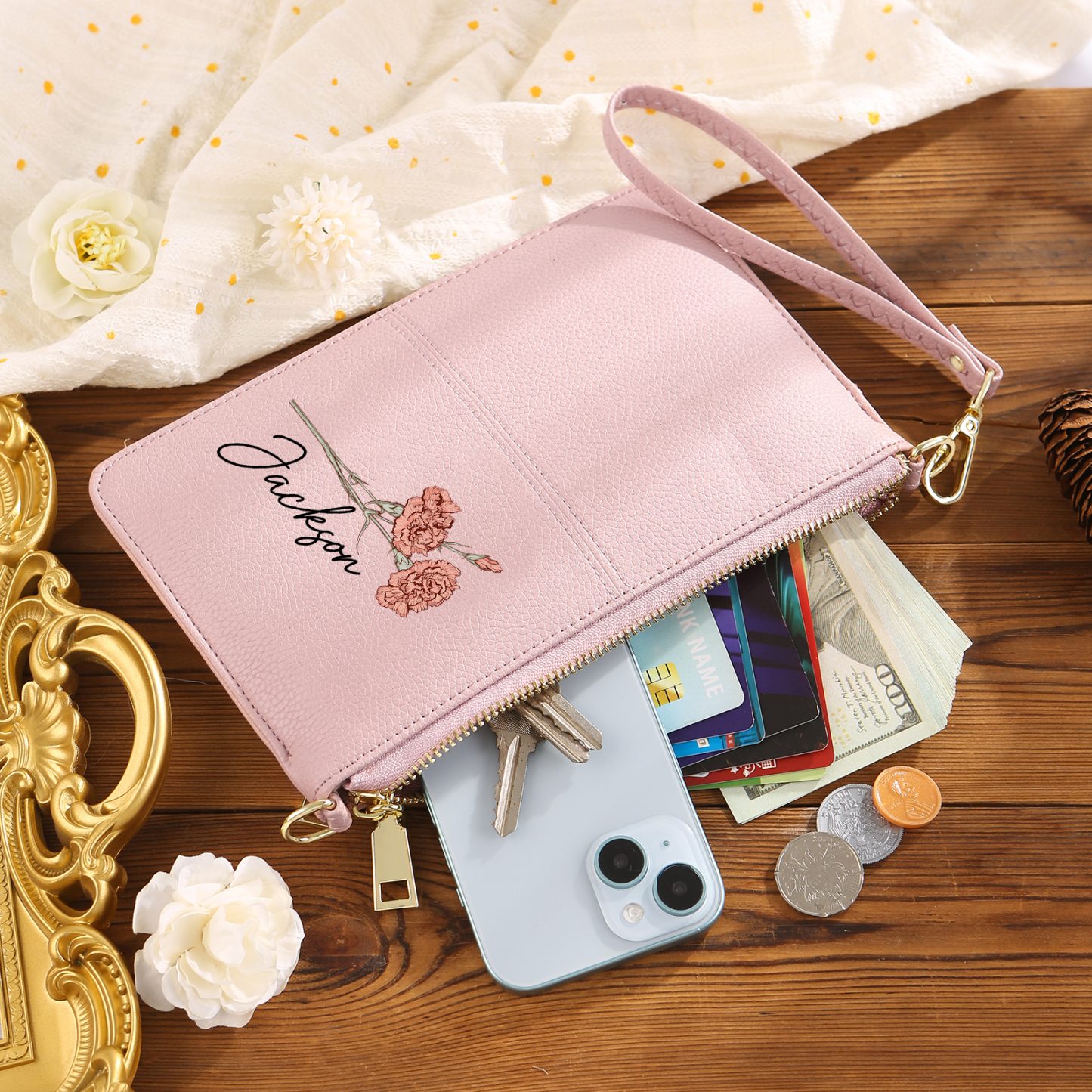 Portefeuille en cuir PU 1 Prénom Personnalisé avec Fleur de Naissance Sac pochette Rose À Porter Main ou Épaule | Jessemade