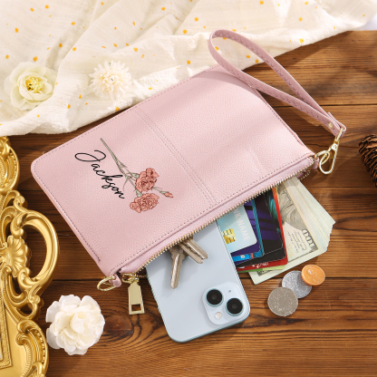 Portefeuille en cuir PU 1 Prénom Personnalisé avec Fleur de Naissance Sac pochette Rose À Porter Main ou Épaule  | Jessemade