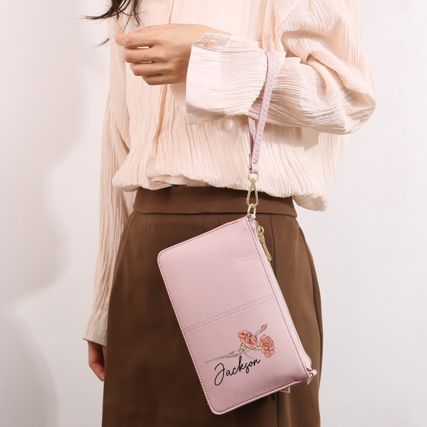Portefeuille en cuir PU 1 Prénom Personnalisé avec Fleur de Naissance Sac pochette Rose À Porter Main ou Épaule | Jessemade