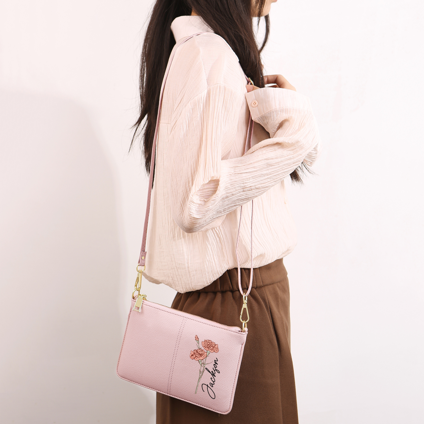 Portefeuille en cuir PU 1 Prénom Personnalisé avec Fleur de Naissance Sac pochette Rose À Porter Main ou Épaule | Jessemade