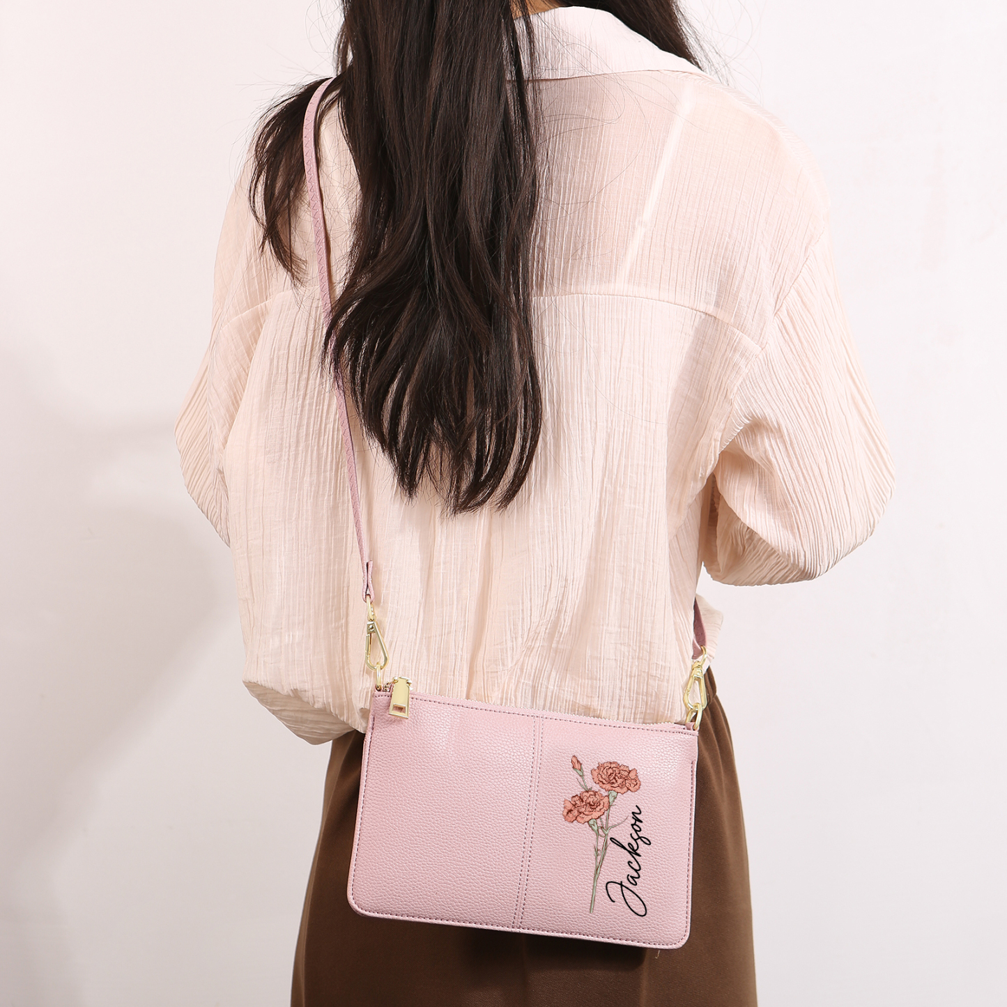 Portefeuille en cuir PU 1 Prénom Personnalisé avec Fleur de Naissance Sac pochette Rose À Porter Main ou Épaule | Jessemade