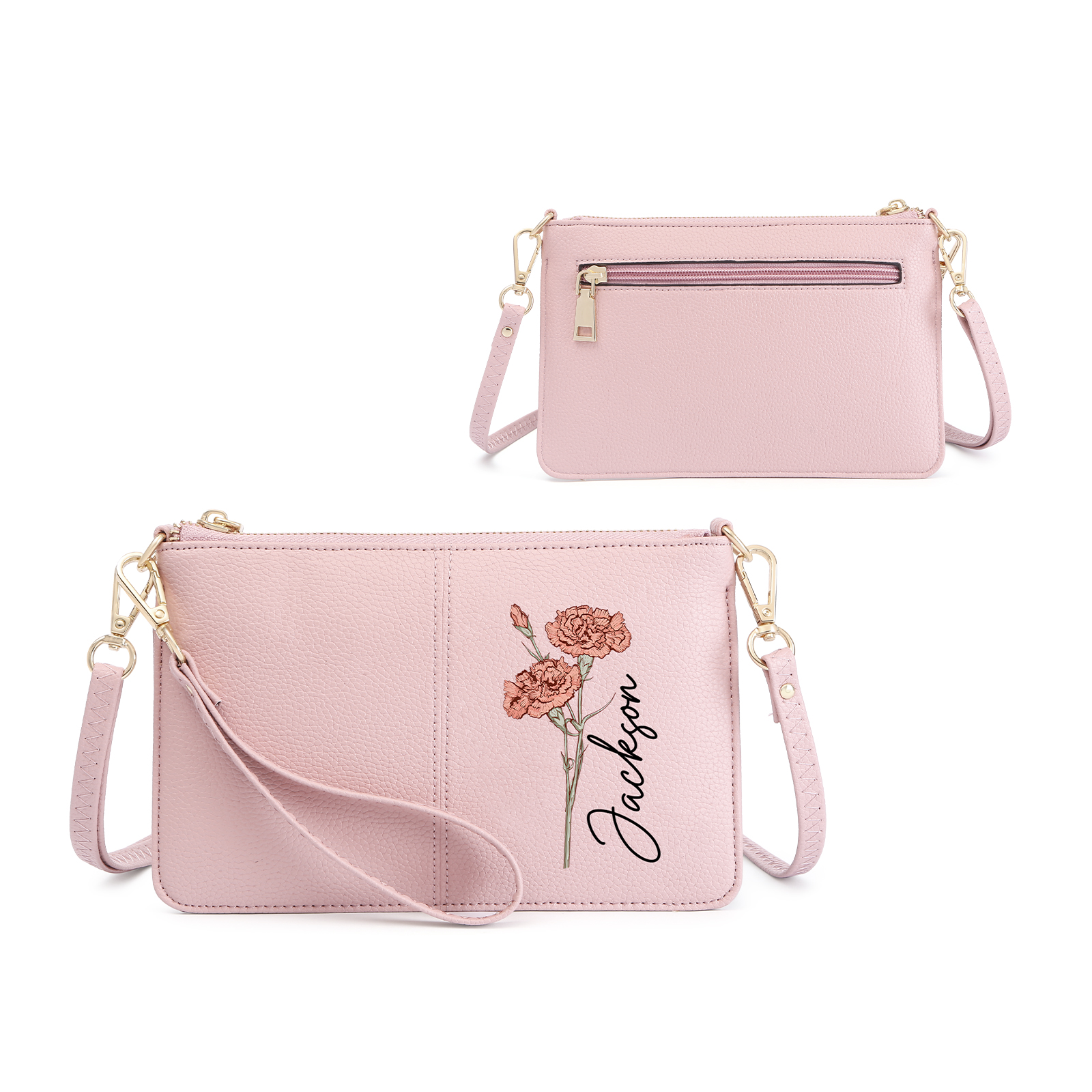 Sac Pochette Personnalisé en Cuir avec Fleur de Naissance et Prénom – Cadeau Élégant pour Femme | Jessemade