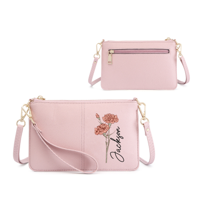 Sac Pochette Personnalisé en Cuir avec Fleur de Naissance et Prénom – Cadeau Élégant pour Femme | Jessemade