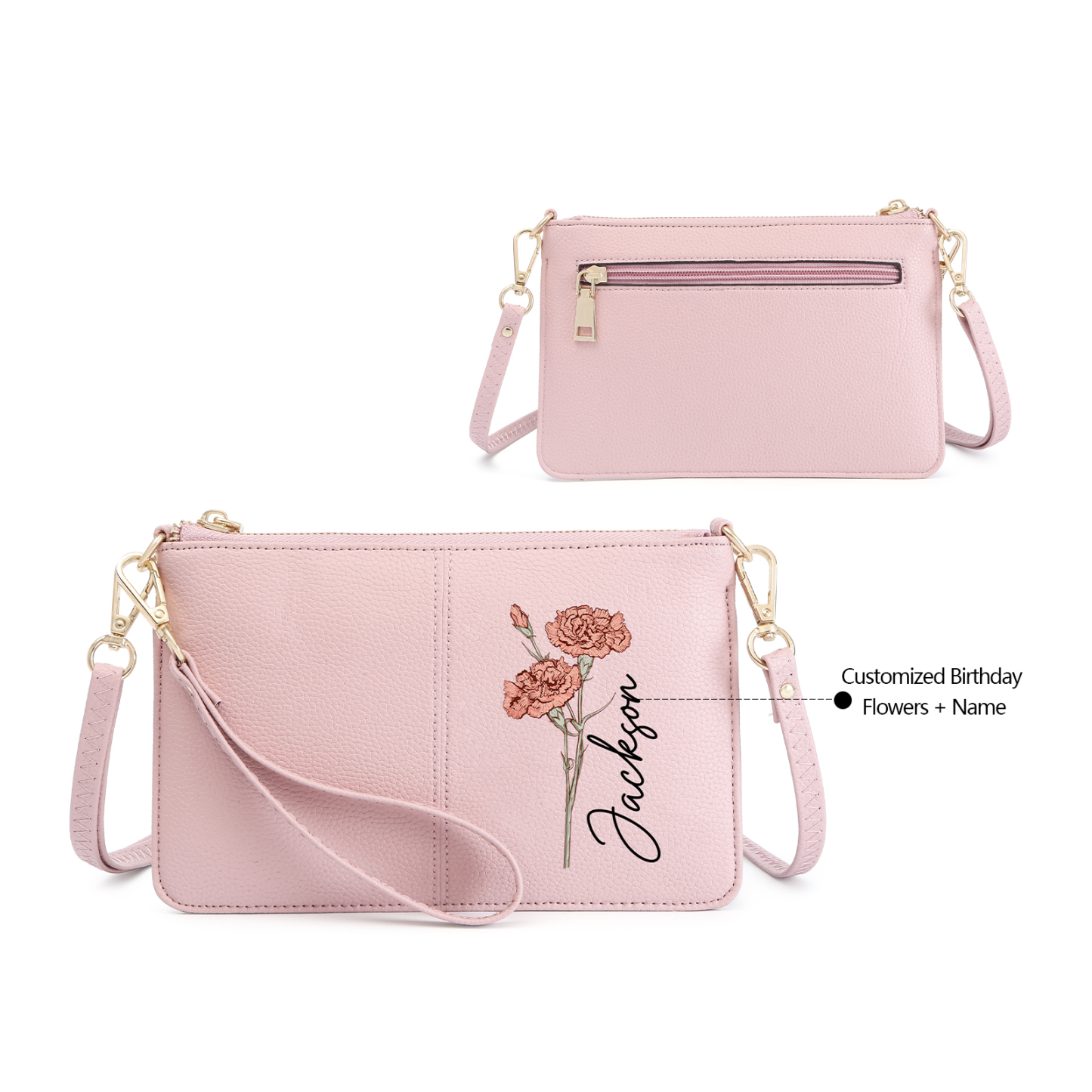 Portefeuille en cuir PU 1 Prénom Personnalisé avec Fleur de Naissance Sac pochette Rose À Porter Main ou Épaule | Jessemade