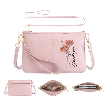 Portefeuille en cuir PU 1 Prénom Personnalisé avec Fleur de Naissance Sac pochette Rose À Porter Main ou Épaule  | Jessemade