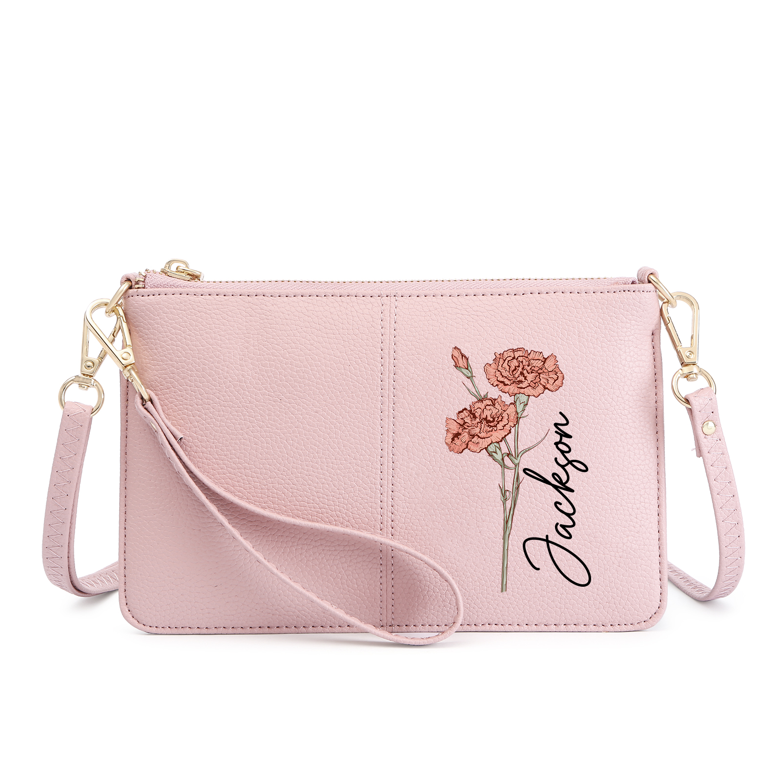 Portefeuille en cuir PU 1 Prénom Personnalisé avec Fleur de Naissance Sac pochette Rose À Porter Main ou Épaule  | Jessemade
