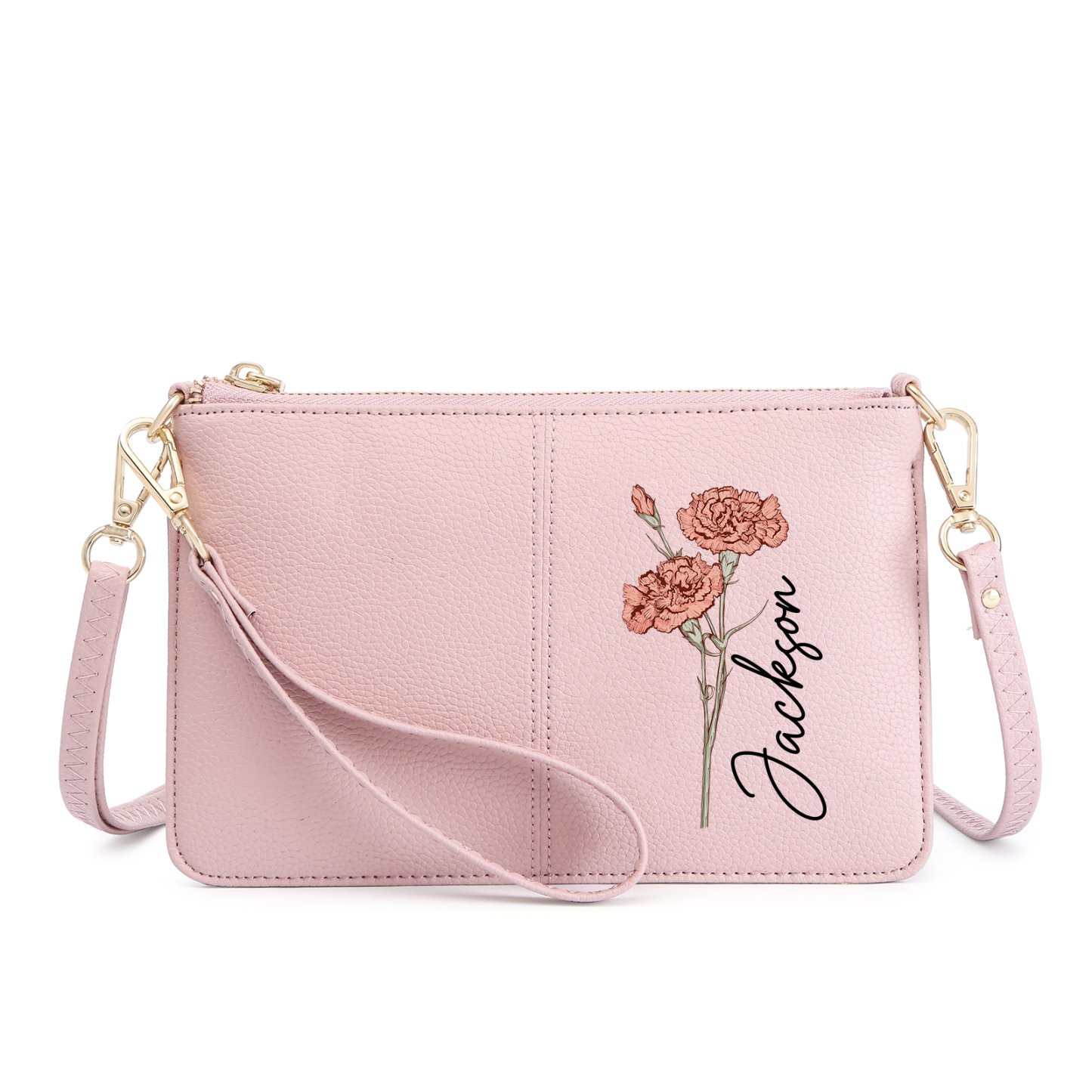 Portefeuille en cuir PU 1 Prénom Personnalisé avec Fleur de Naissance Sac pochette Rose À Porter Main ou Épaule  | Jessemade