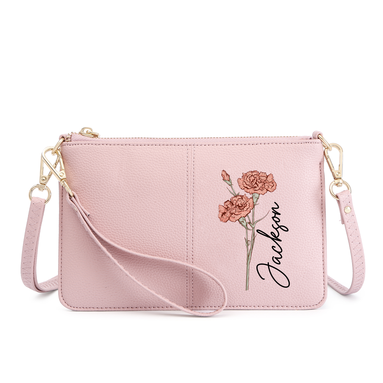 Portefeuille en cuir PU 1 Prénom Personnalisé avec Fleur de Naissance Sac pochette Rose À Porter Main ou Épaule | Jessemade