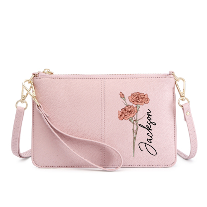 Portefeuille en cuir PU 1 Prénom Personnalisé avec Fleur de Naissance Sac pochette Rose À Porter Main ou Épaule  | Jessemade