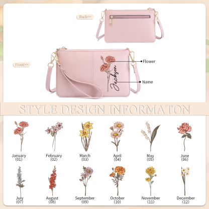 Portefeuille en cuir PU 1 Prénom Personnalisé avec Fleur de Naissance Sac pochette Rose À Porter Main ou Épaule  | Jessemade