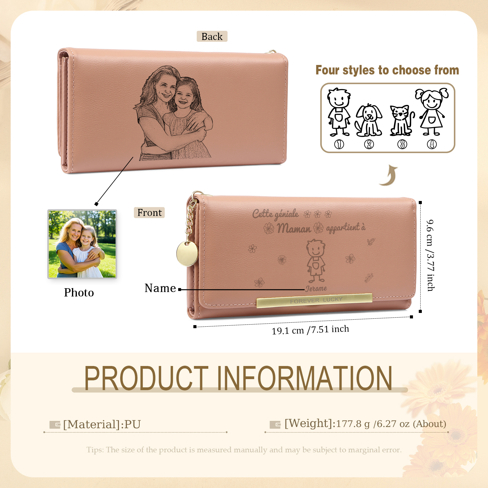 À Maman - Portefeuille Femme Photo Personnalisée avec 1 Dessin Enfant et 1 Prénom Porte-monnaie Long Rose en Cuir PU pour Maman | Jessemade
