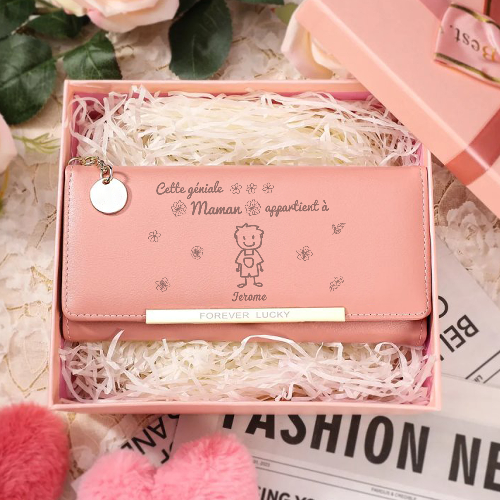 À Maman - Portefeuille Femme Photo Personnalisée avec 1 Dessin Enfant et 1 Prénom Porte-monnaie Long Rose en Cuir PU pour Maman | Jessemade
