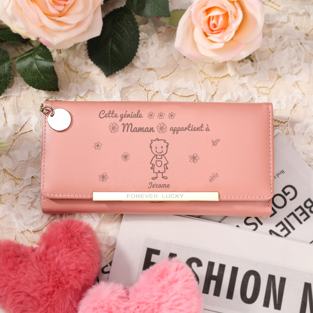 À Maman - Portefeuille Femme Photo Personnalisée avec 1 Dessin Enfant et 1 Prénom Porte-monnaie Long Rose en Cuir PU pour Maman | Jessemade
