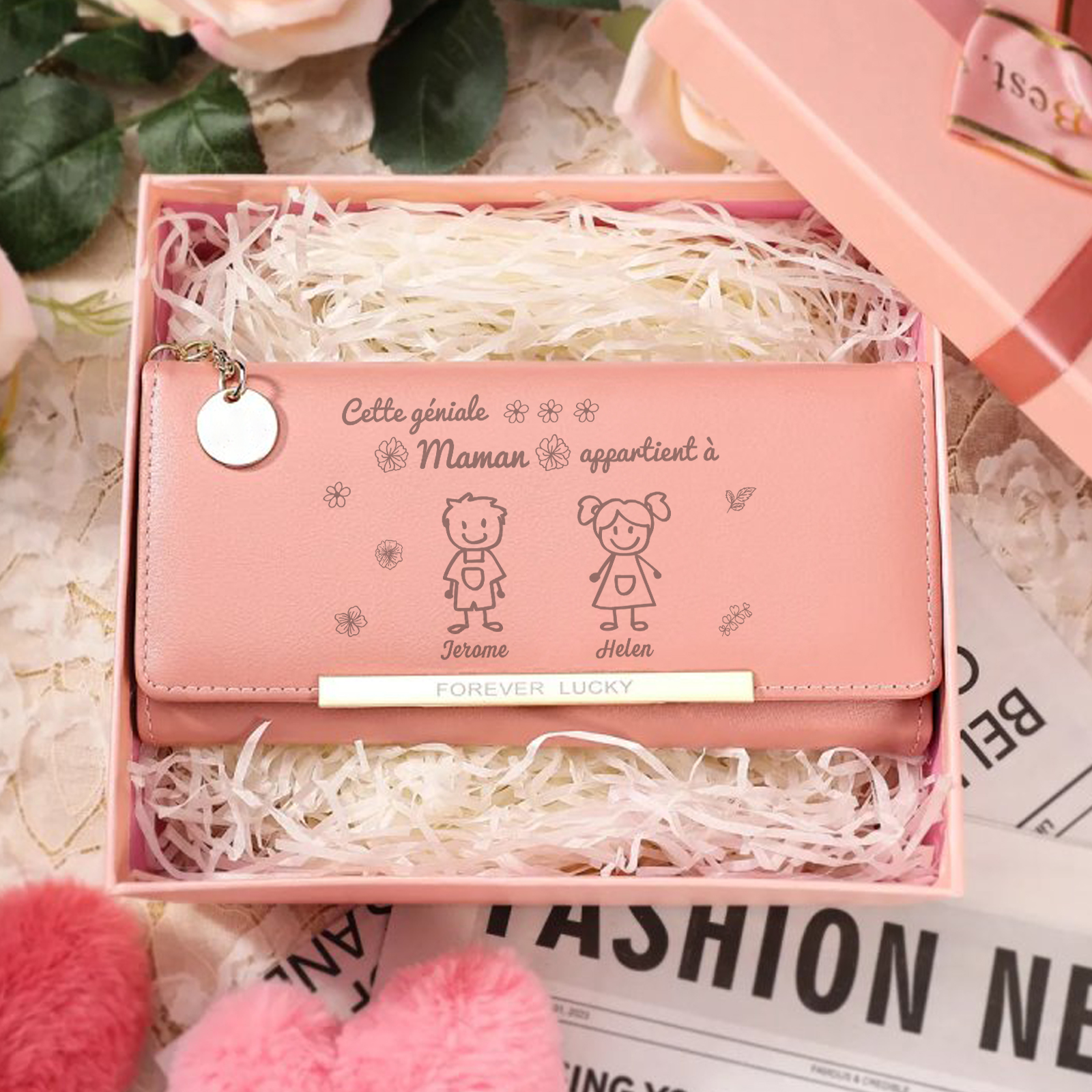 À Maman - Portefeuille Femme Photo Personnalisée avec 2 Dessins Enfant et 2 Prénoms Porte-monnaie Long Rose en Cuir PU pour Maman | Jessemade