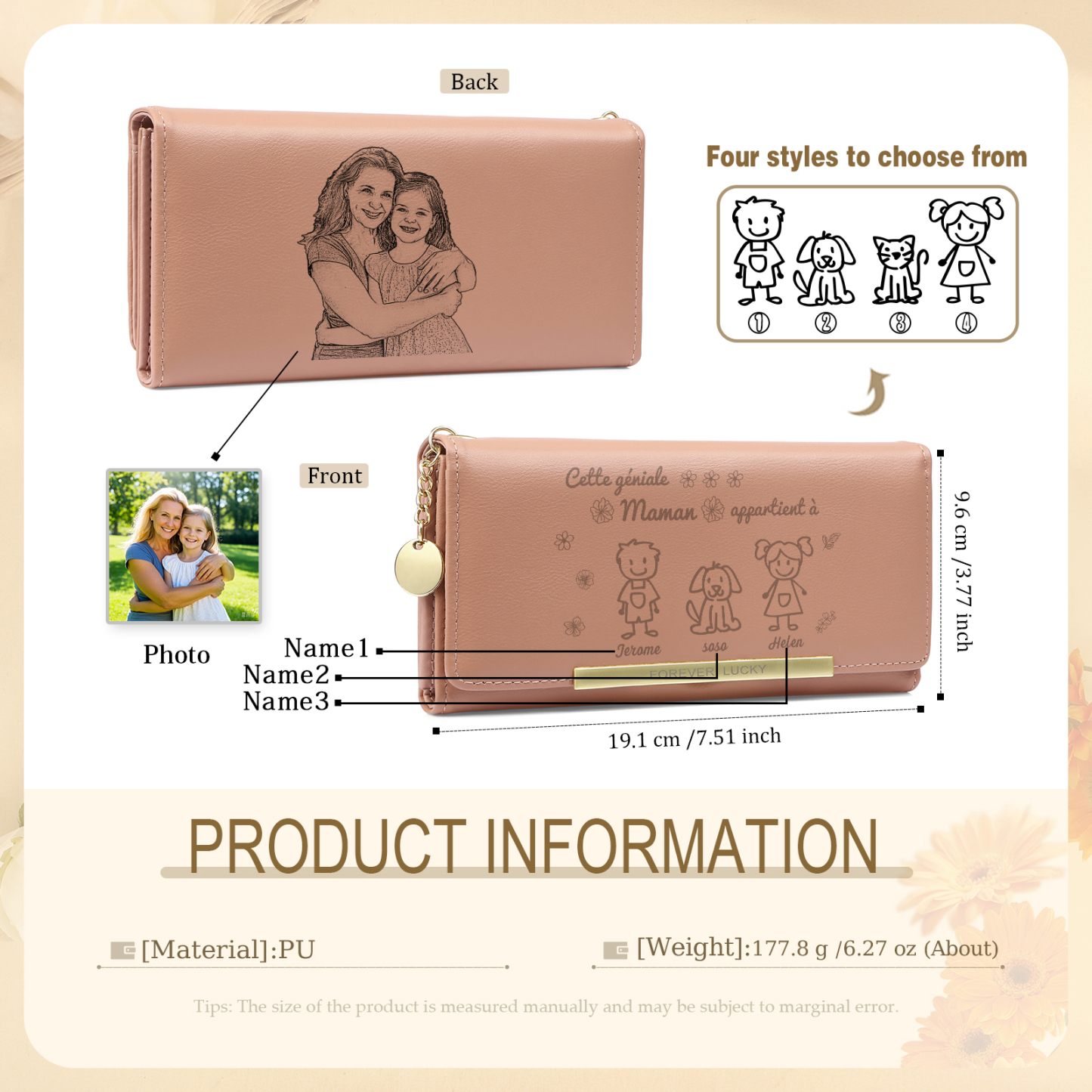 À Maman - Portefeuille Femme Photo Personnalisée avec 3 Dessins Enfant et 3 Prénoms Porte-monnaie Long Rose en Cuir PU pour Maman | Jessemade