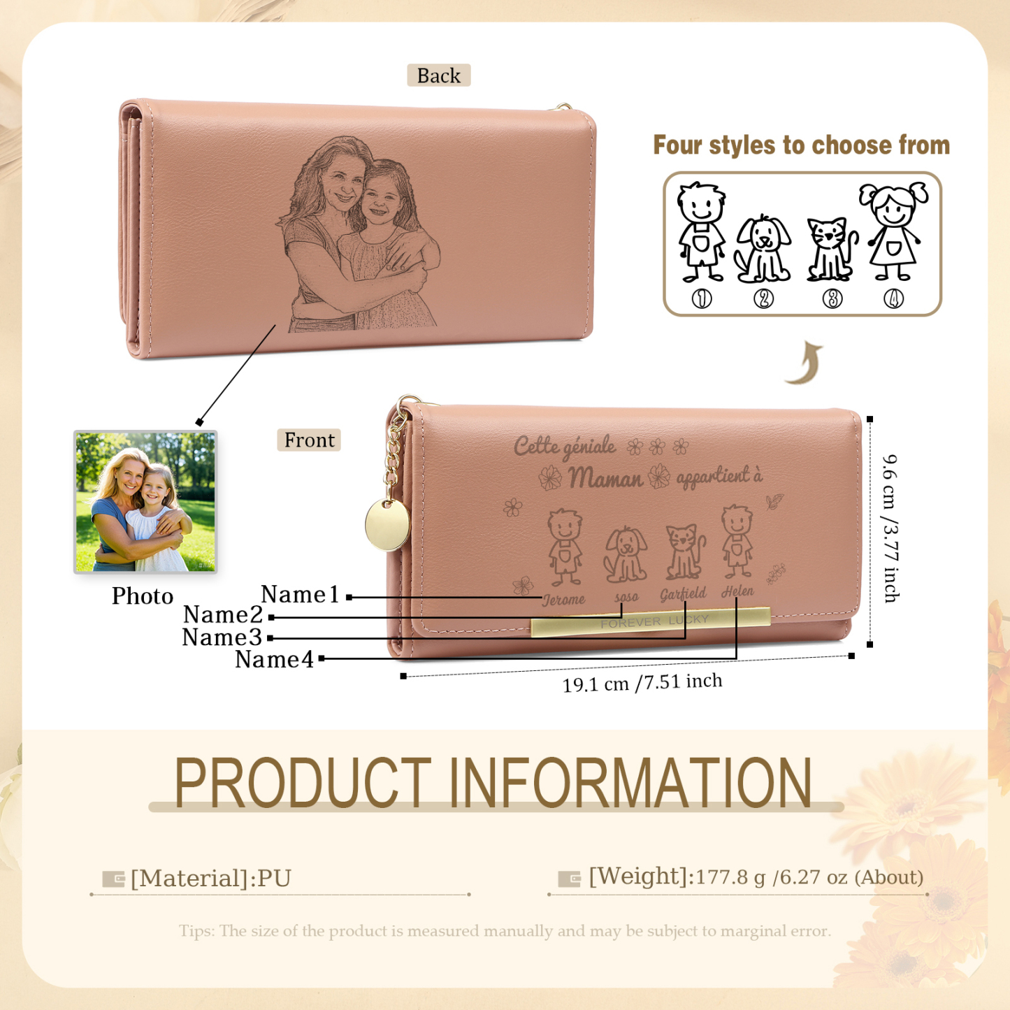 À Maman - Portefeuille Femme Photo Personnalisée avec 4 Dessins Enfant et 4 Prénoms Porte-monnaie Long Rose en Cuir PU pour Maman | Jessemade