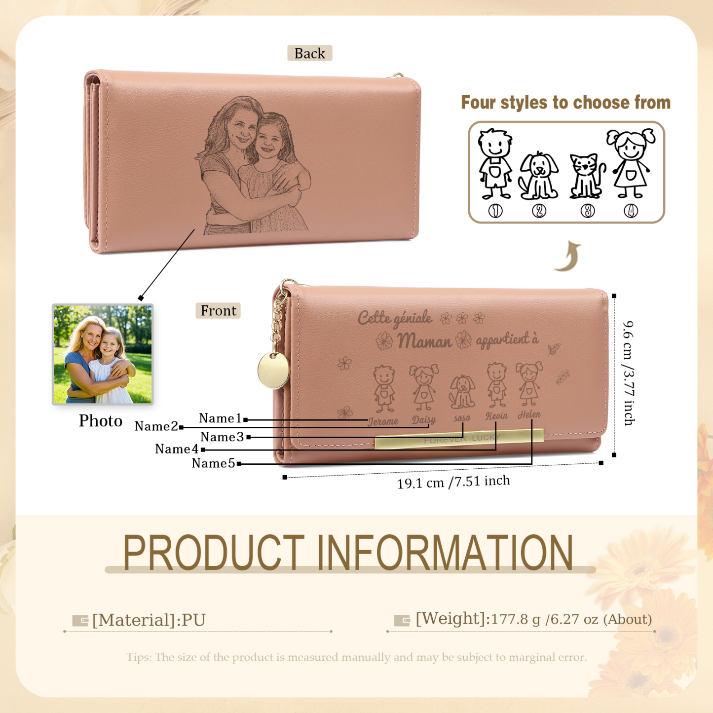À Maman - Portefeuille Femme Photo Personnalisée avec 5 Dessins Enfant et 5 Prénoms Porte-monnaie Long Rose en Cuir PU pour Maman | Jessemade