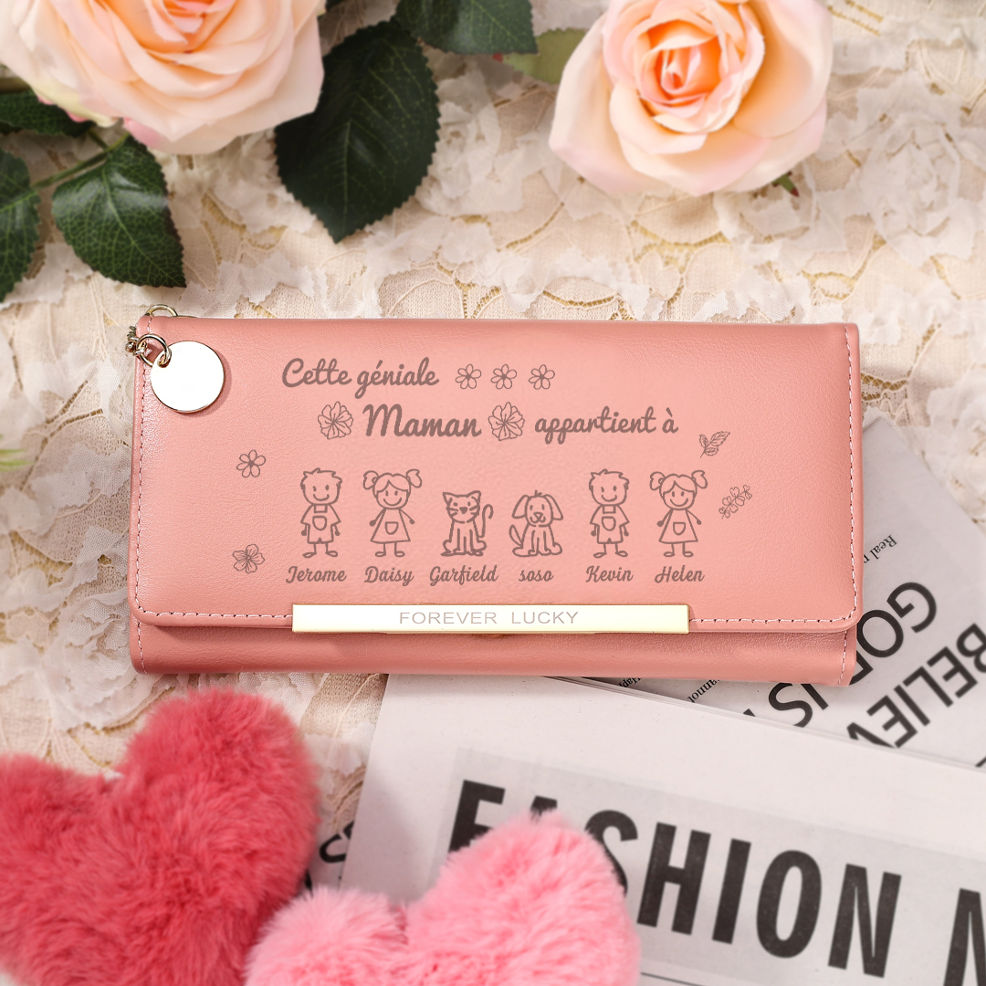 À Maman - Portefeuille Femme Photo Personnalisée avec 6 Dessins Enfant et 6 Prénoms Porte-monnaie Long Rose en Cuir PU pour Maman | Jessemade