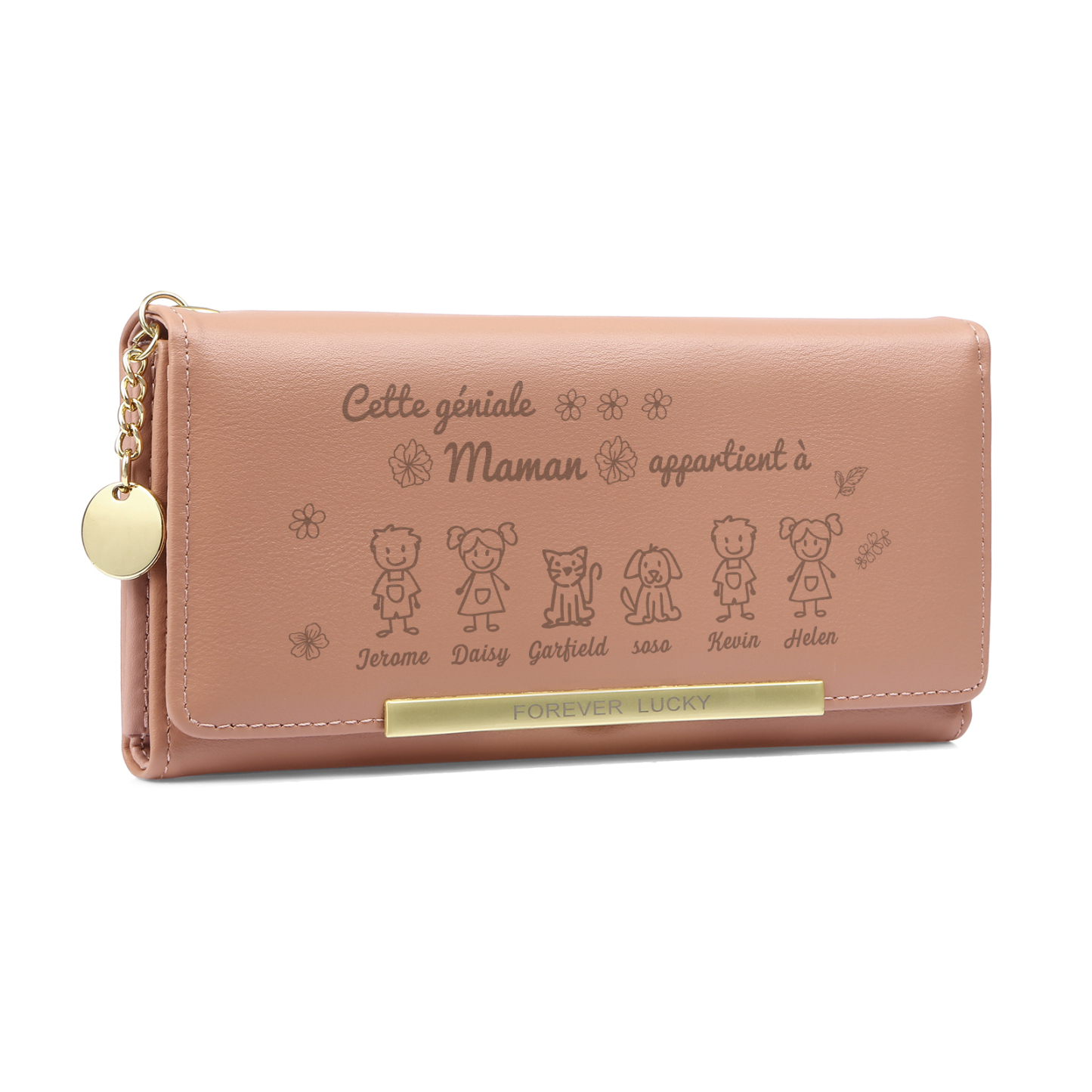 À Maman - Portefeuille Femme Photo Personnalisée avec 6 Dessins Enfant et 6 Prénoms Porte-monnaie Long Rose en Cuir PU pour Maman | Jessemade