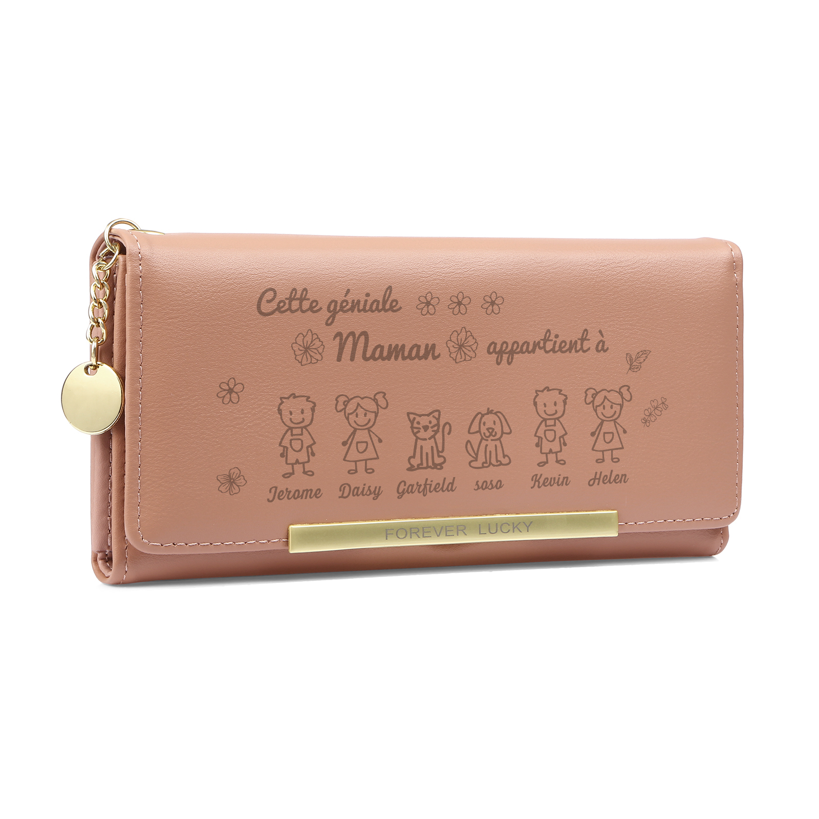 À Maman - Portefeuille Femme Photo Personnalisée avec 6 Dessins Enfant et 6 Prénoms Porte-monnaie Long Rose en Cuir PU pour Maman | Jessemade