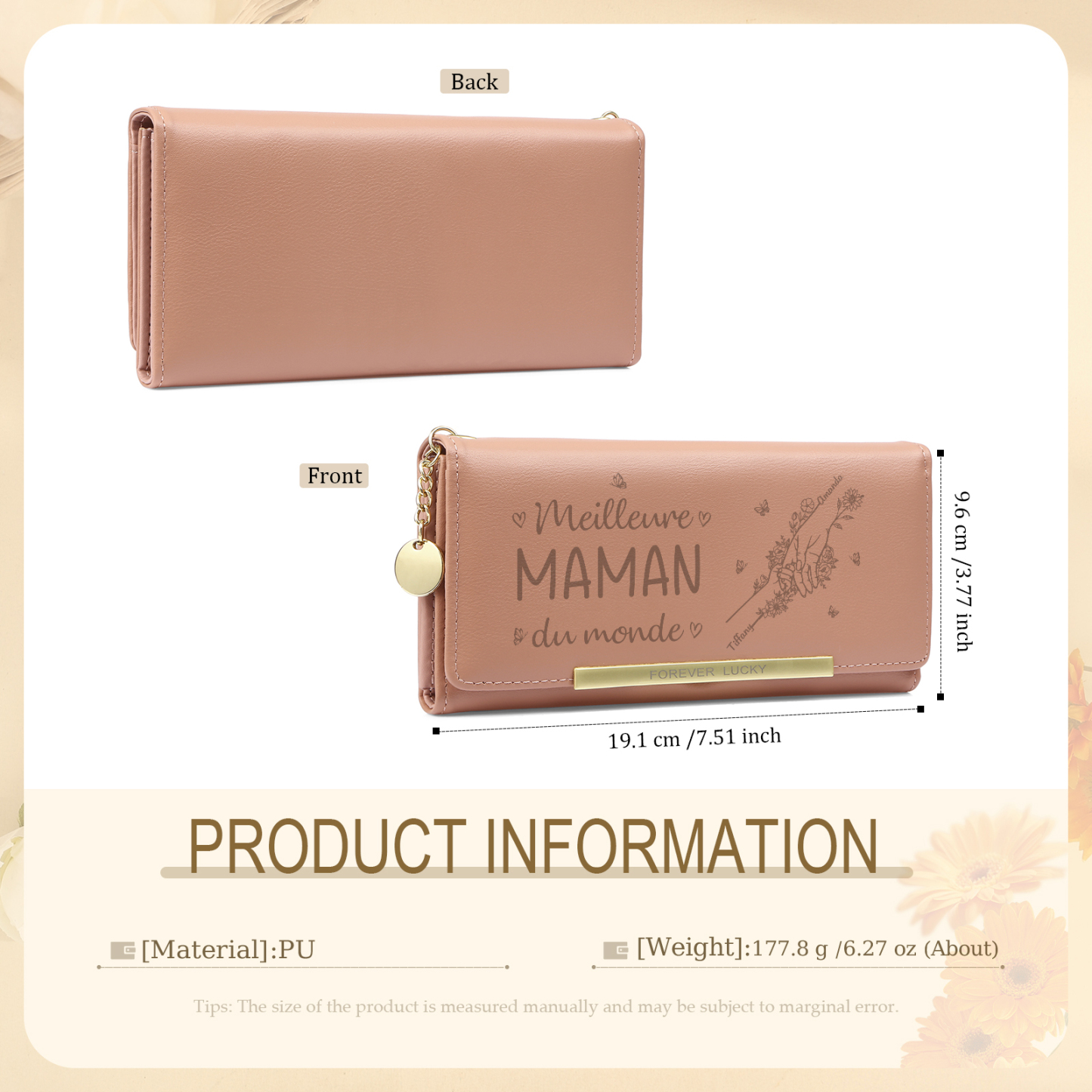 À Maman -Portefeuille Personnalisé long en cuir PU avec 2 Prénoms La Main Dans La Main Porte-monnaie pour Maman | Jessemade