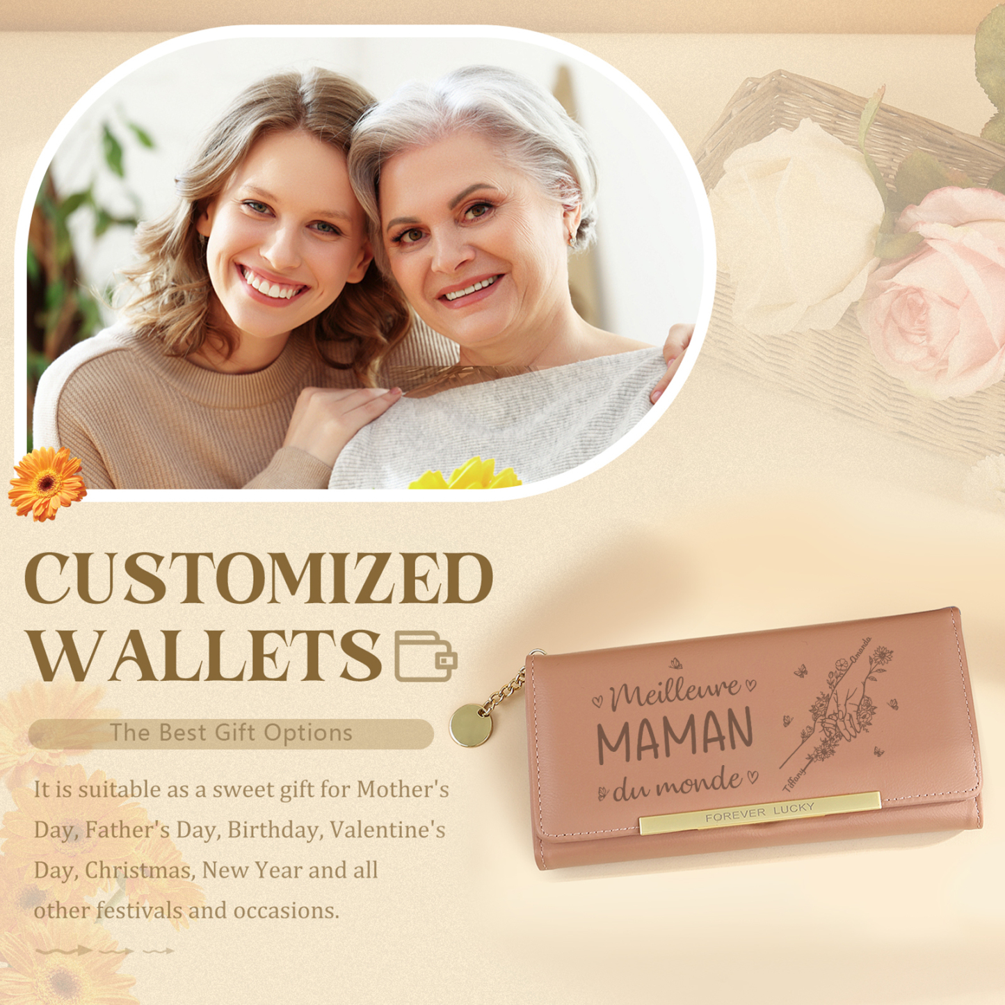 À Maman -Portefeuille Personnalisé long en cuir PU avec 2 Prénoms La Main Dans La Main Porte-monnaie pour Maman | Jessemade